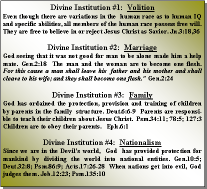 Text Box: Divine Institution #1:  Volition Even though there are variations in the  human race as to human IQ and specific abilities, all members of the human race possess free will.  They are free to believe in or reject Jesus Christ as Savior. Jn.3:18,36Divine Institution #2:  MarriageGod seeing that it was not good for man to be alone made him a help mate. Gen.2:18  The man and the woman are to become one flesh.  For this cause a man shall leave his  father and his mother and shall cleave to his wife; and they shall become one flesh. Gen.2:24Divine Institution #3:  FamilyGod has ordained the protection, provision and training of children by parents in the family  structure. Deut.6:6-9  Parents are responsible to teach their children about Jesus Christ.  Psm.34:11; 78:5; 127:3  Children are to obey their parents.   Eph.6:1Divine Institution #4:  NationalismSince we are in the Devils world,  God  has provided protection for mankind by dividing the world into national entities. Gen.10:5; Deut.32:8; Psm.86:9; Acts.17:26-28  When nations get into evil, God judges them. Job.12:23; Psm.135:10