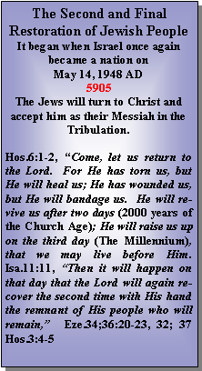 Text Box: The Second and Final Restoration of Jewish PeopleIt began when Israel once again became a nation on May 14, 1948 AD5905The Jews will turn to Christ and accept him as their Messiah in the Tribulation.  Hos.6:1-2, Come, let us return to the Lord.  For He has torn us, but He will heal us; He has wounded us, but He will bandage us.  He will revive us after two days (2000 years of the Church Age); He will raise us up on the third day (The Millennium), that we may live before Him.  Isa.11:11, Then it will happen on that day that the Lord will again recover the second time with His hand the remnant of His people who will remain,  Eze.34;36:20-23, 32; 37  Hos.3:4-5