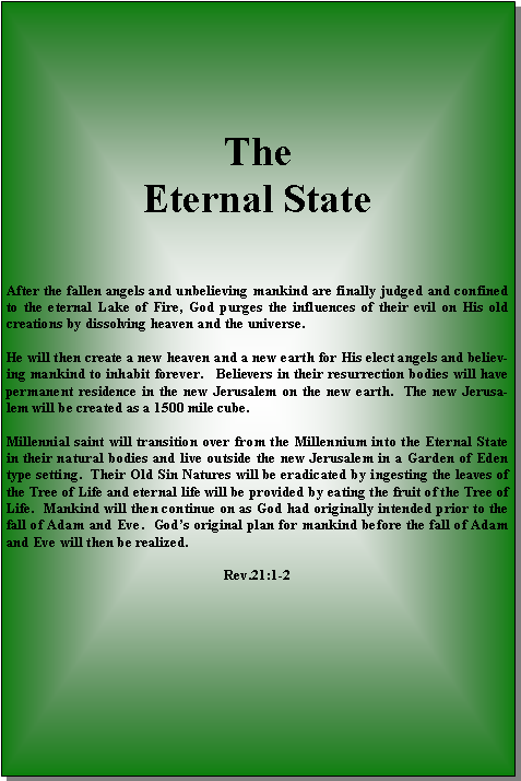 Text Box: The Eternal StateAfter the fallen angels and unbelieving mankind are finally judged and confined to the eternal Lake of Fire, God purges the influences of their evil on His old creations by dissolving heaven and the universe.  He will then create a new heaven and a new earth for His elect angels and believing mankind to inhabit forever.   Believers in their resurrection bodies will have permanent residence in the new Jerusalem on the new earth.  The new Jerusalem will be created as a 1500 mile cube.  Millennial saint will transition over from the Millennium into the Eternal State in their natural bodies and live outside the new Jerusalem in a Garden of Eden type setting.  Their Old Sin Natures will be eradicated by ingesting the leaves of the Tree of Life and eternal life will be provided by eating the fruit of the Tree of Life.  Mankind will then continue on as God had originally intended prior to the fall of Adam and Eve.  Gods original plan for mankind before the fall of Adam and Eve will then be realized. Rev.21:1-2