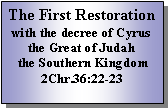 Text Box: The First Restoration with the decree of Cyrus the Great of Judah the Southern Kingdom2Chr.36:22-23