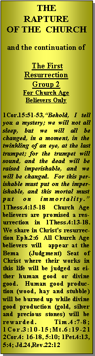 Text Box: THE RAPTURE OF THE  CHURCHand the continuation of The First ResurrectionGroup 2For Church Age Believers Only1Cor.15:51-53,Behold, I tell you a mystery; we will not all sleep, but we will all be changed, in a moment, in the twinkling of an eye, at the last trumpet; for the trumpet will sound, and the dead will be raised imperishable, and we will be changed.  For this perishable must put on the imperishable, and this mortal must put on immortality. 1Thess.4:15-18  Church Age believers are promised a resurrection in 1Thess.4:13-18.  We share in Christs resurrection Eph.2:6  All Church Age believers will  appear at the Bema  (Judgment) Seat of Christ where their works in this life will be judged as either human good or divine good.  Human good production (wood, hay and stubble) will be burned up while divine good production (gold, silver and precious stones) will be rewarded.  Tim.4:7-8; 1Cor.3:10-15;Mt.6:19-21 2Cor.4: 16-18, 5:10; 1Pet.4:13, 5:4; Jd.24,Rev.22:12