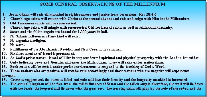 Text Box: SOME GENERAL OBSERVATIONS OF THE MILLENNIUM  1.    Jesus Christ will rule all mankind in righteousness and justice from Jerusalem.  Rev.20:4-6  2.    Church Age saints will return with Christ at the second advent and rule and reign with Him in the Millennium.  3.    Old Testament saints will be resurrected.  4.    Church Age saints will mingle with resurrected Old Testament saints as well as millennial humanity.  5.    Satan and the fallen angels are bound for 1,000 years in hell.  6.    No Satanic influences of any kind will exist.  7.    No organized religion.  8.    No wars.  9.    Fulfillment of the Abrahamic, Davidic, and New Covenants to Israel.10.    Final restoration of Israel is permanent.11.    As Gods priest nation, Israel will live in unprecedented spiritual and physical prosperity with the Lord in her midst.12.    Only believing Jews and Gentiles will enter the Millennium.  They will exist under nationalism. 13.    Each nation will be tested under perfect environment to respond to the teaching of Gods Word.14.    Those nations who are positive will receive rain accordingly and those nations who are negative will experience drought.15.    Crime is suppressed, the curse is lifted, animals will lose their ferocity and the longevity mankind is increased.16.    The animal kingdom will be free from the evil influences of Satan and the fallen angels, therefore, the wolf will lie down         with the lamb, the leopard will lie down with the goat, etc.  The nursing child will play by the hole of the cobra and the 