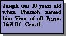 Text Box: Joseph was 30 years old when Pharaoh named him Visor of all Egypt.  1669 BC  Gen.41