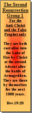 Text Box: The Second Resurrection Group 1 For the Anti-Christ and the False Prophet onlyThey are both cast alive into the Lake of Fire by Christ at the second Advent after the battle of Armageddon.  They are there by themselves for the next 1000 years.Rev.19:20
